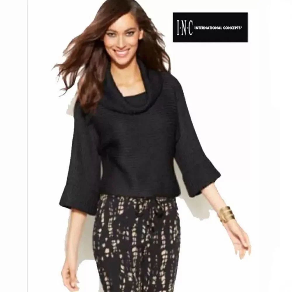 NWT INC Sz. M & L Black 3/4 Trumpet-Sleeve Cropped Cowl Neck Sweater New w Tags!